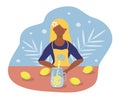 Vector hand drawn illustration - a young woman prepares lemonade from lemons.